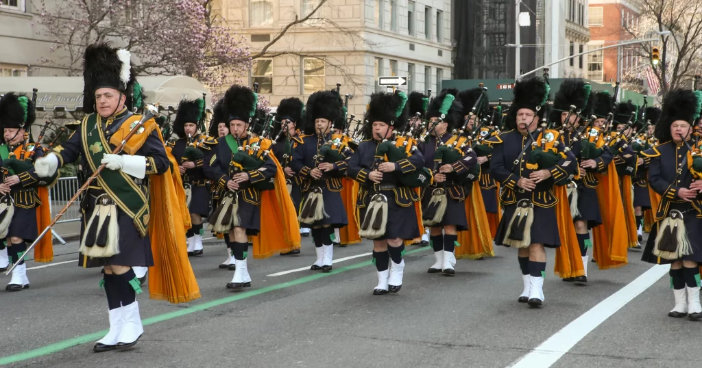 Bagpipers march in NYC's St. Patrick’s Day, holiday with us.