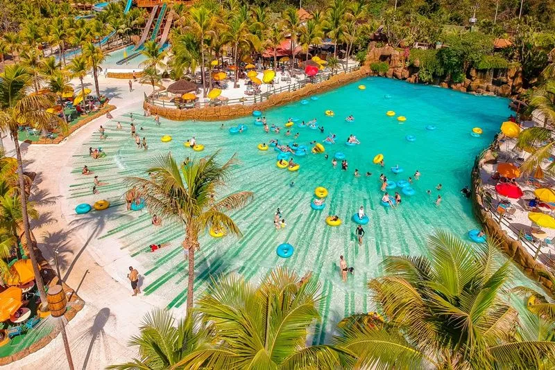 Visitors enjoy a tropical-themed wave pool with lush palm trees and floating tubes.