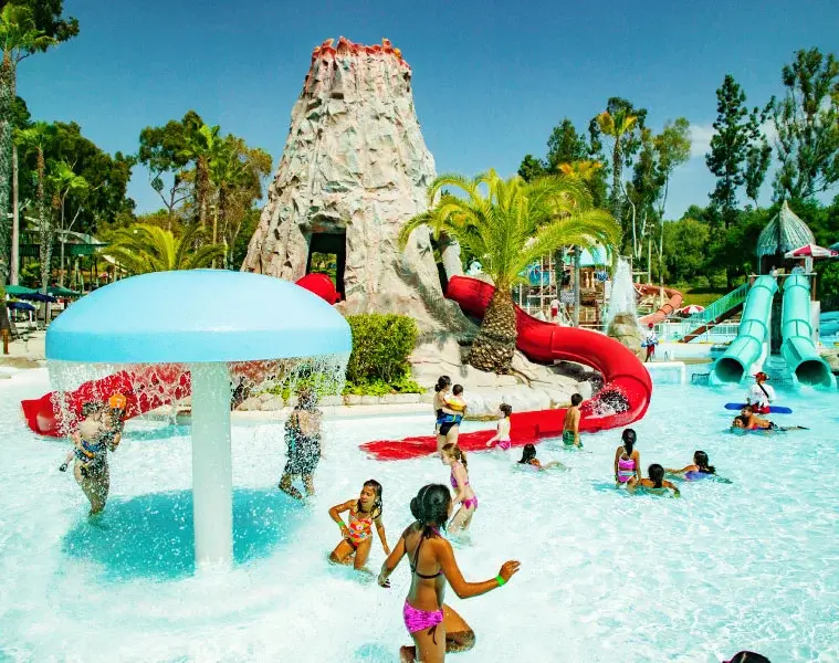 Kids enjoy a water play area with slides and palm trees.