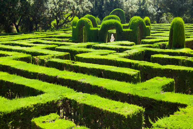 The lush, verdant Labyrinth Park of Horta in Barcelona, with its neatly trimmed hedges forming complex pathways, inviting visitors to a playful challenge of navigation, all surrounded by the tranquil beauty of nature.
