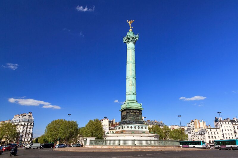 Image of the July Column at Place de la Bastille against a clear blue sky, with Parisian architecture in the background, representing a historical landmark on a two-day Paris itinerary.
