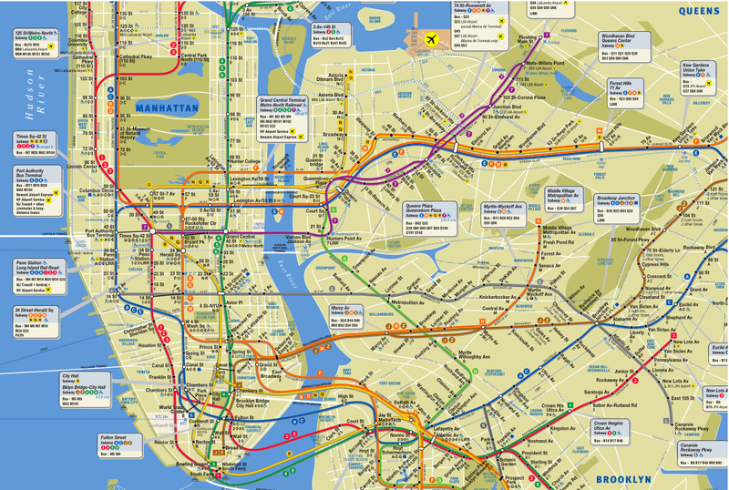 A detailed map of the New York City subway highlighting various lines and stations across Manhattan, Queens, and Brooklyn, useful for travelers wanting to know essential information before visiting New York City.