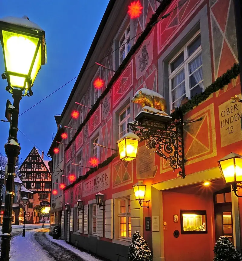 Winter night at Germany's oldest inn, Zum Roten Bären.