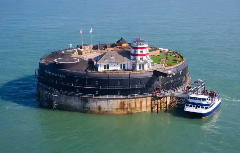 Aerial view of circular No Man's Fort in the sea.