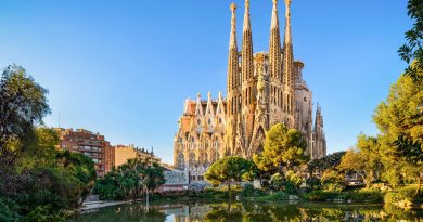 The La Sagrada Família basilica in Barcelona, captured on a clear day, with its intricate Gothic and Art Nouveau façades and towering spires reflecting in the pond in front, surrounded by lush greenery.