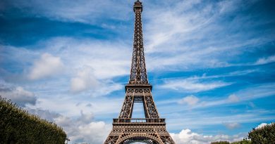 The beautiful view to Eiffel Tower under blue sky.