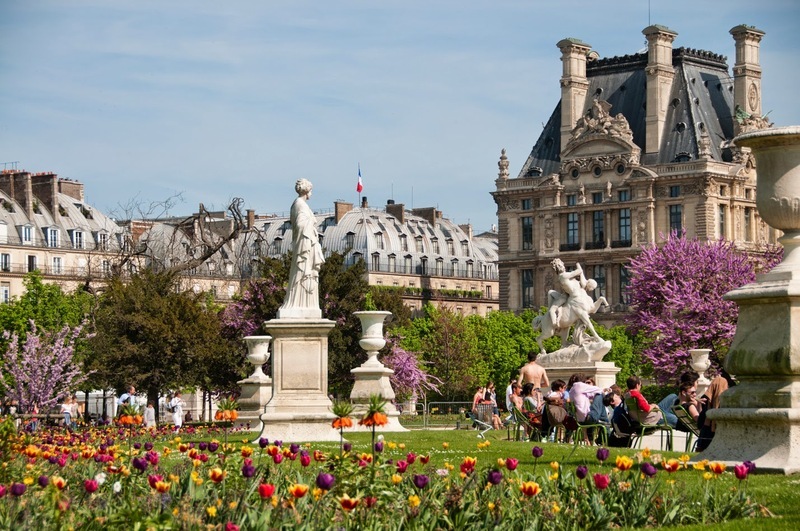 Tuileries Garden in bloom with sculptures and the Louvre Palace.