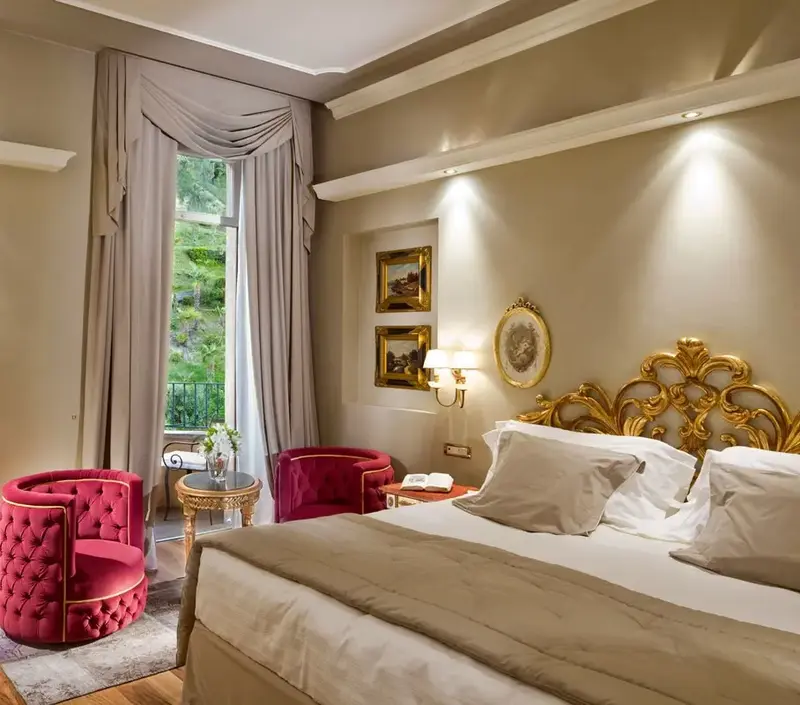 Plush room at Grand Hotel Tremezzo, Italy.